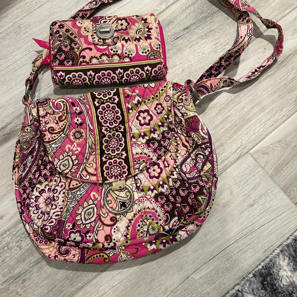 Vera Bradley Pink and Brown Shoulder Bag with Quilted Paisley Design